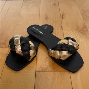 Marc Fisher Black & Gold Braided Slide Sandals - Square Toe - Size 8.5M - NWT
